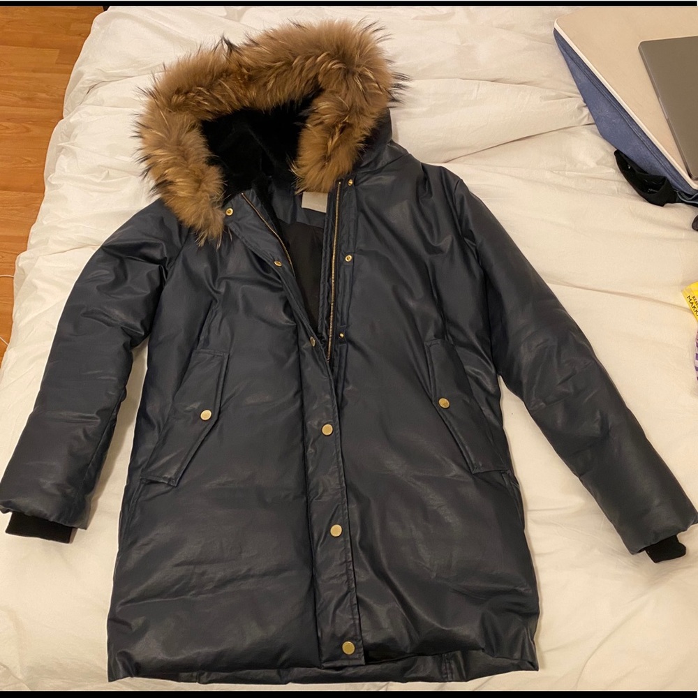 Soia & Kyo navy fur parka coat M